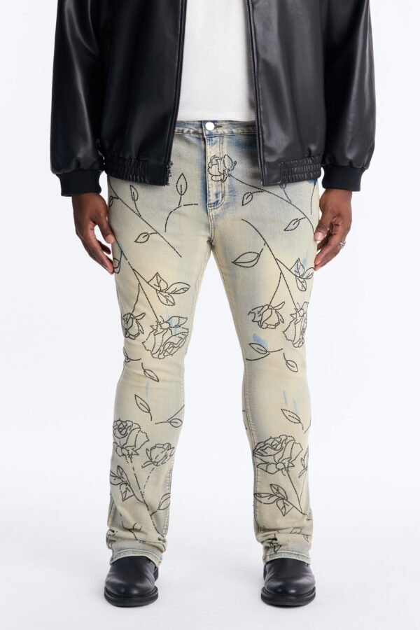 Stacked Skinny Flare Embroidered Falling Roses Jean