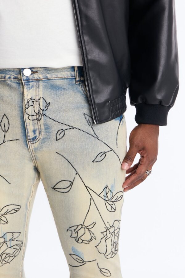 Stacked Skinny Flare Embroidered Falling Roses Jean