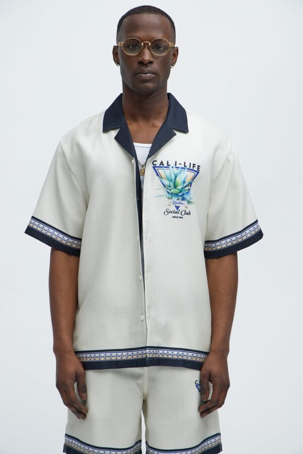 Cali Life Border Print Colorblock Button Up Shirt