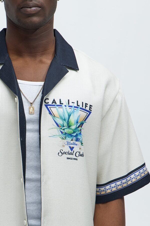 Cali Life Border Print Colorblock Button Up Shirt