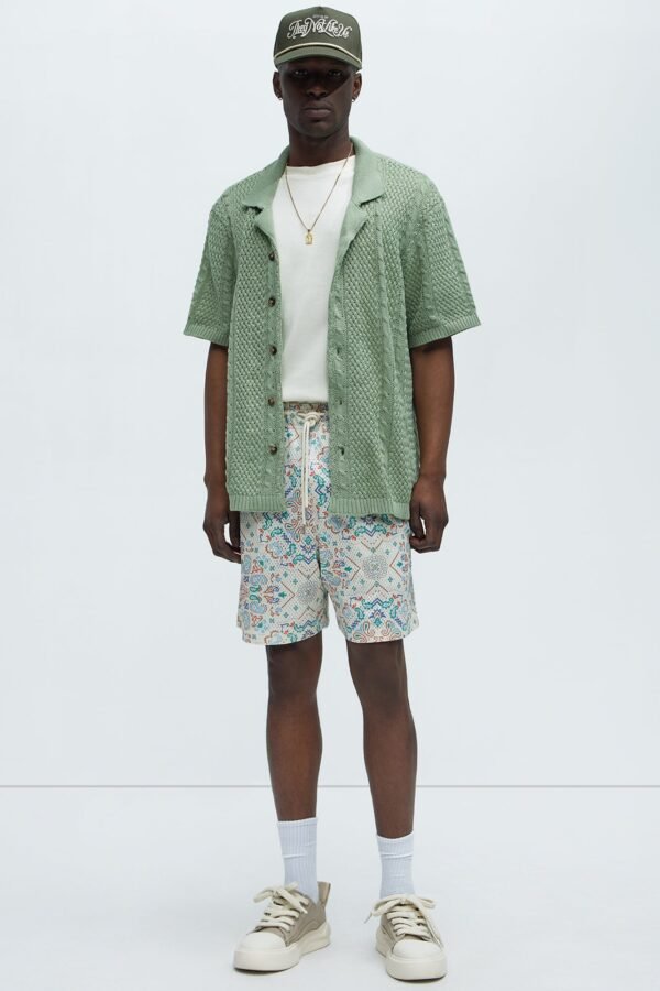 Unwind Cable Knit Short Sleeve Button Up