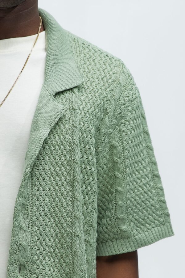 Unwind Cable Knit Short Sleeve Button Up