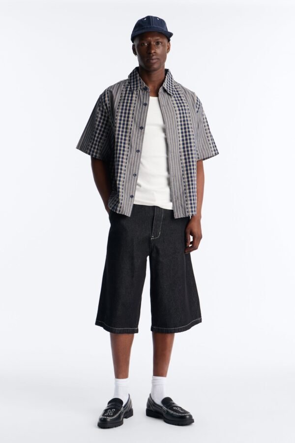 Relaxed Cropped Creekside Stripe Distressed Button Up Shirt