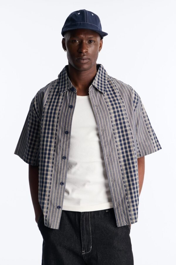 Relaxed Cropped Creekside Stripe Distressed Button Up Shirt