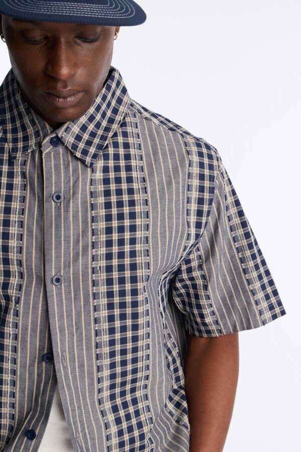 Relaxed Cropped Creekside Stripe Distressed Button Up Shirt