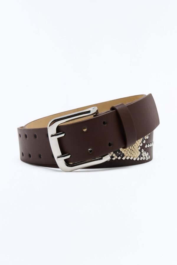 Faux Leather Contrast Cut Out Studded Buckle Belt