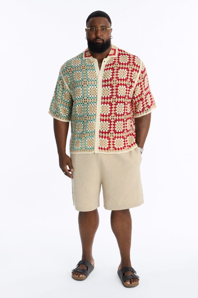 La Playa Crochet Cross Stitch Johnny Collar Button Up Shirt