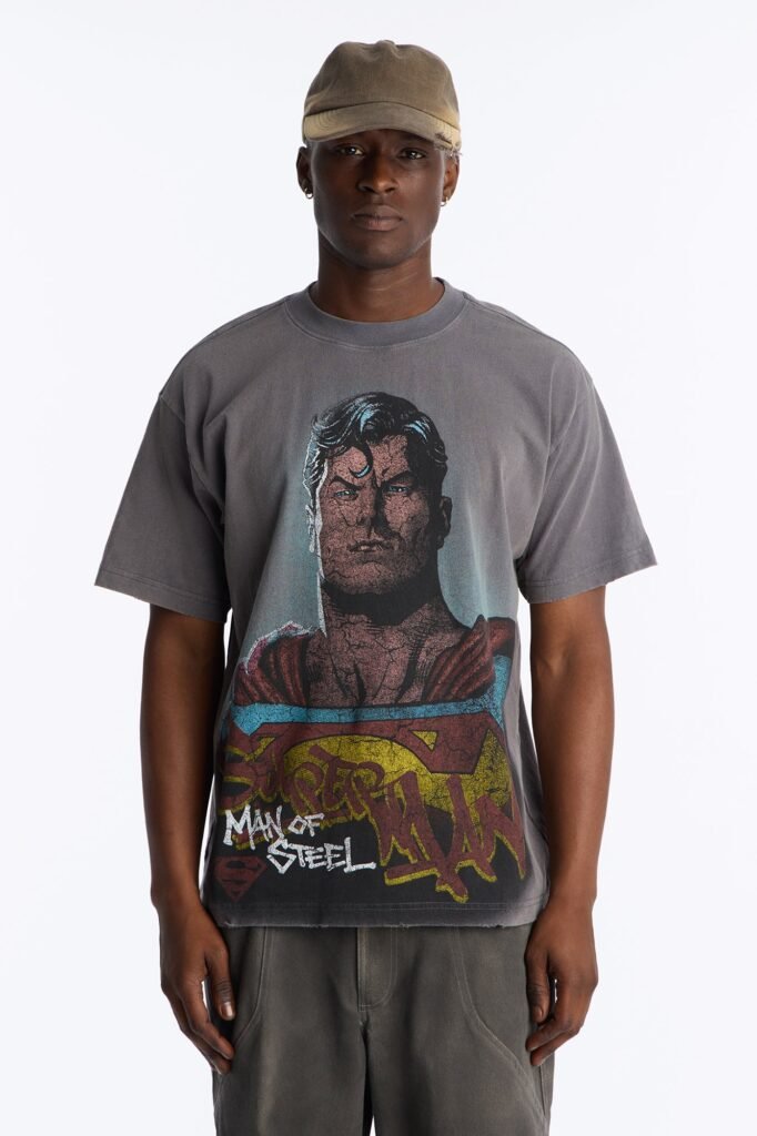 Superman Man Of Steel Vintage Heavy Weight Distressed Short Sleeve Tee