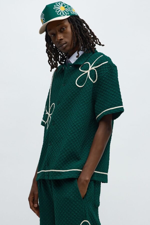 Boxy Soho Weave Applique Textured Button Up Shirt