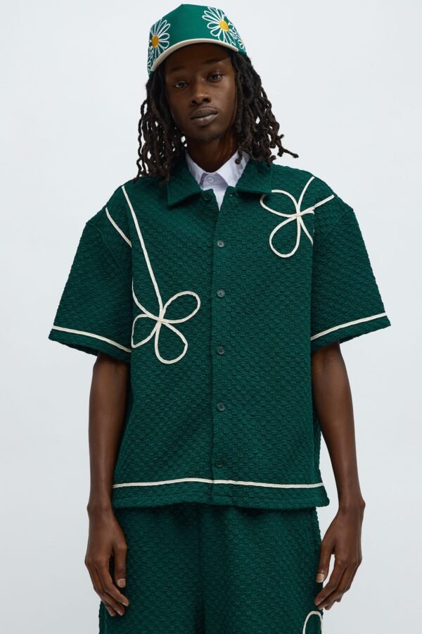 Boxy Soho Weave Applique Textured Button Up Shirt