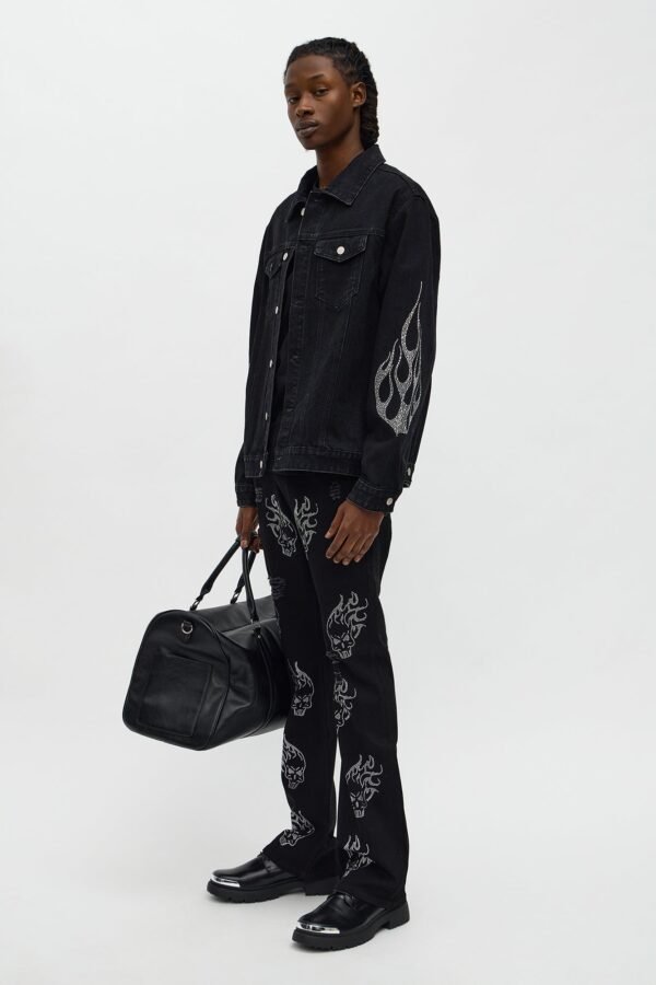 Stacked Skinny Flare Skulls Jeweled Distressed Jean