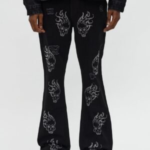 Stacked Skinny Flare Skulls Jeweled Distressed Jean