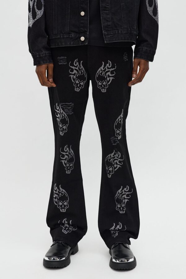 Stacked Skinny Flare Skulls Jeweled Distressed Jean