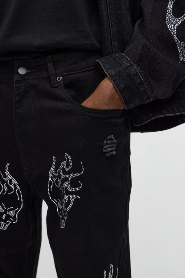 Stacked Skinny Flare Skulls Jeweled Distressed Jean