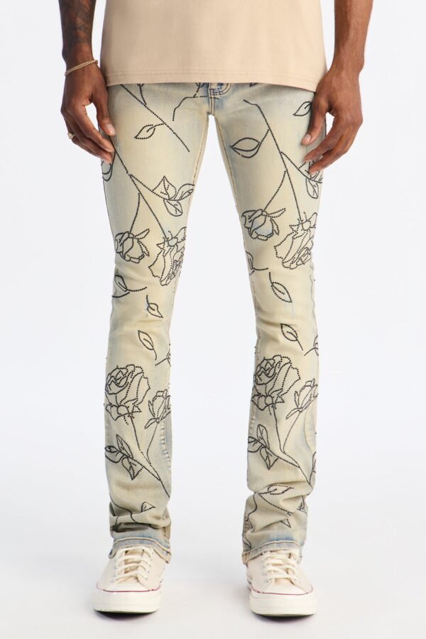 Stacked Skinny Flare Embroidered Falling Roses Jean
