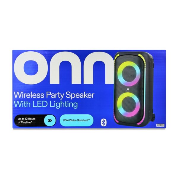 Onn Large Party Speaker Gen 2 with LED Lighting, IPX4 Water-Resistant, 4 Speakers, Black