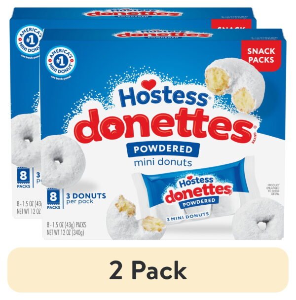 (2 pack) Hostess Donettes, Powdered Mini Donuts, Box of 8 On the Go Packs