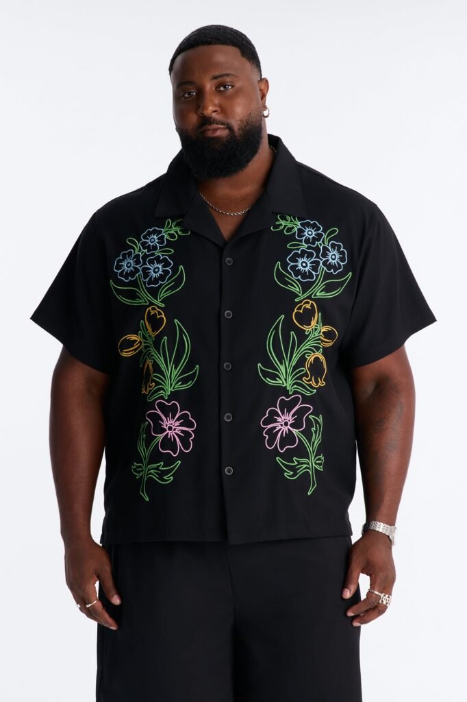 Blooming Embroidered Cuban Collar Button Up Shirt