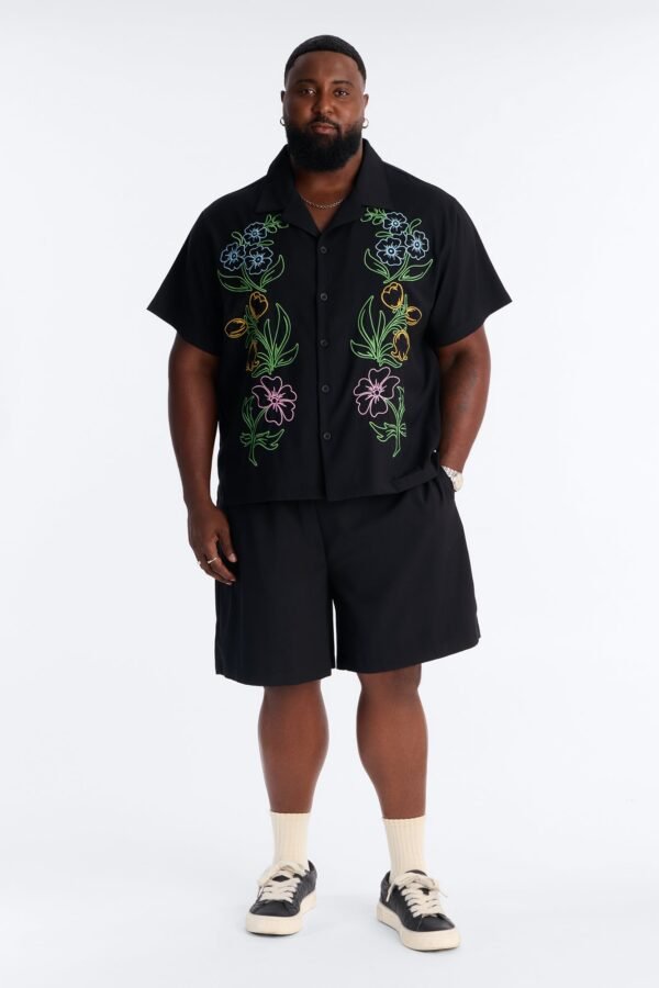 Blooming Embroidered Cuban Collar Button Up Shirt