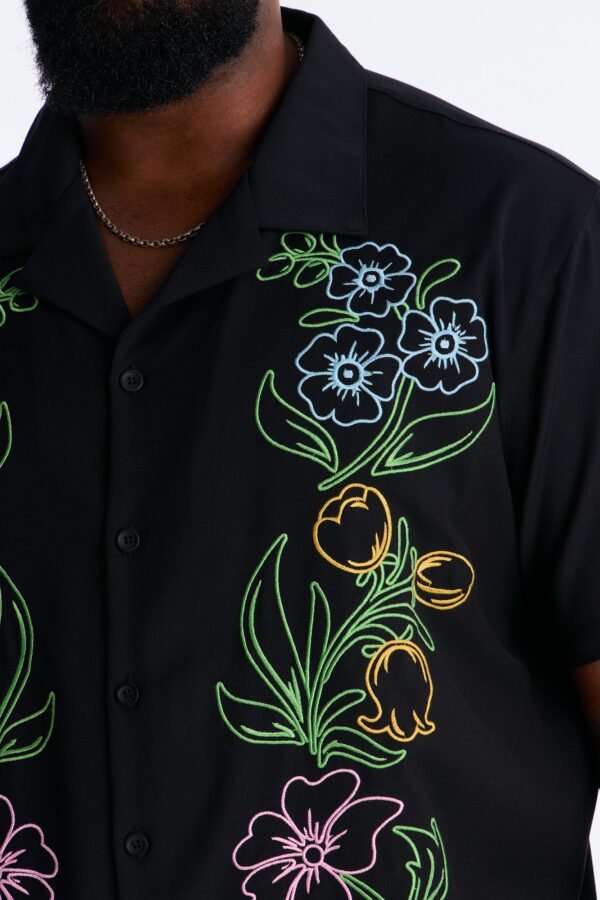Blooming Embroidered Cuban Collar Button Up Shirt