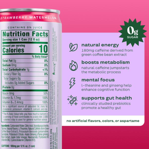 Bloom Nutrition Sparkling Energy Drink, Strawberry Watermelon, 12 fl oz Single Can