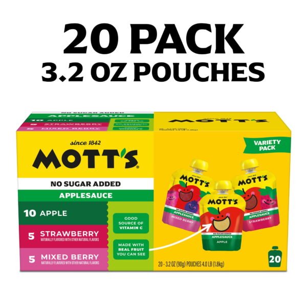 Mott's No Sugar Added Applesauce Variety Pack, 3.2 oz, 20 Count Clear Pouches