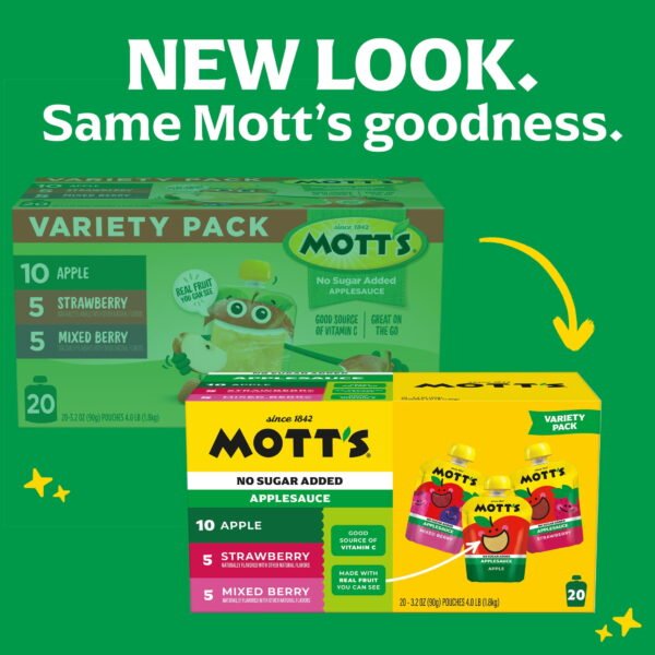 Mott's No Sugar Added Applesauce Variety Pack, 3.2 oz, 20 Count Clear Pouches