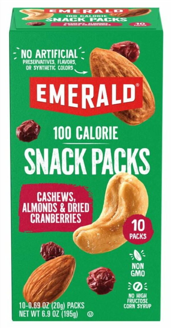 Emerald-Nuts-Cashews-Almonds-with-Dried-Cranberries-100-Calorie-Packs-10-Ct_941dbd9f-41cf-43dc-bcd7-b47951968ea8.5686efd69b94cb8e8c54c8dd24237e14.jpeg Emerald Nuts, Cashews & Almonds with Dried Cranberries, 100 Calorie Packs, 10 Ct, 6.9 oz