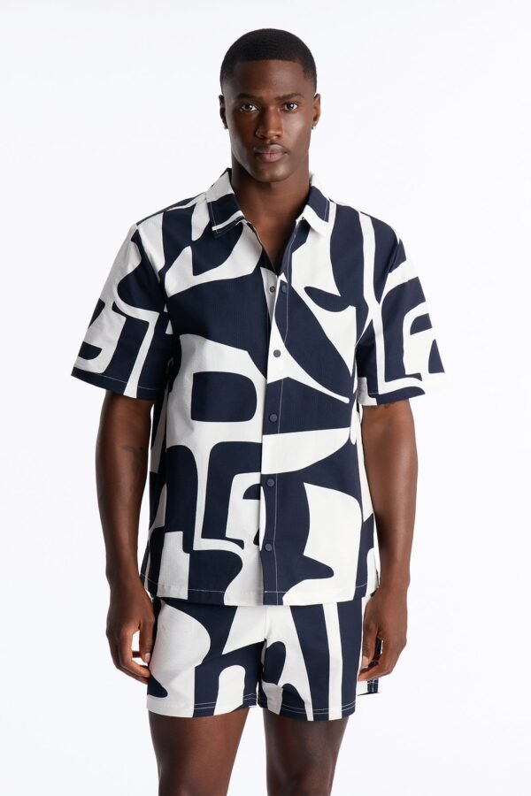 Seersucker Abstract Geo Printed Closed Collar Shirt