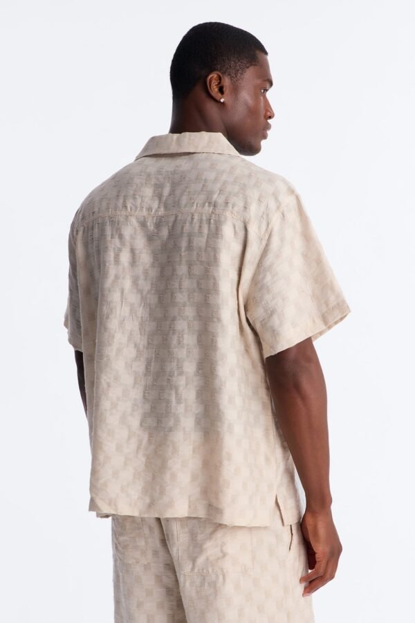 Textured Checkered Cuban Collar Button Up Shirt