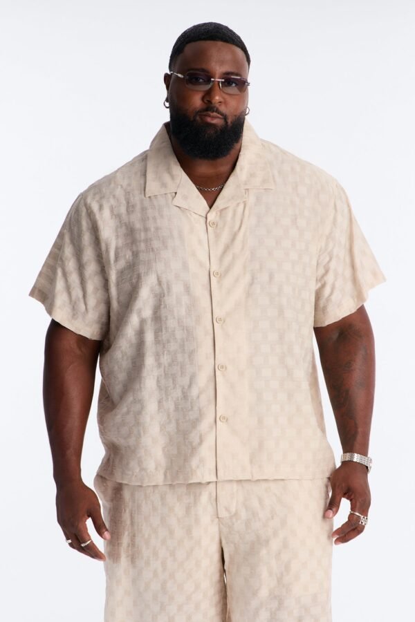 Textured Checkered Cuban Collar Button Up Shirt
