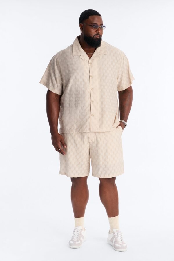Textured Checkered Cuban Collar Button Up Shirt