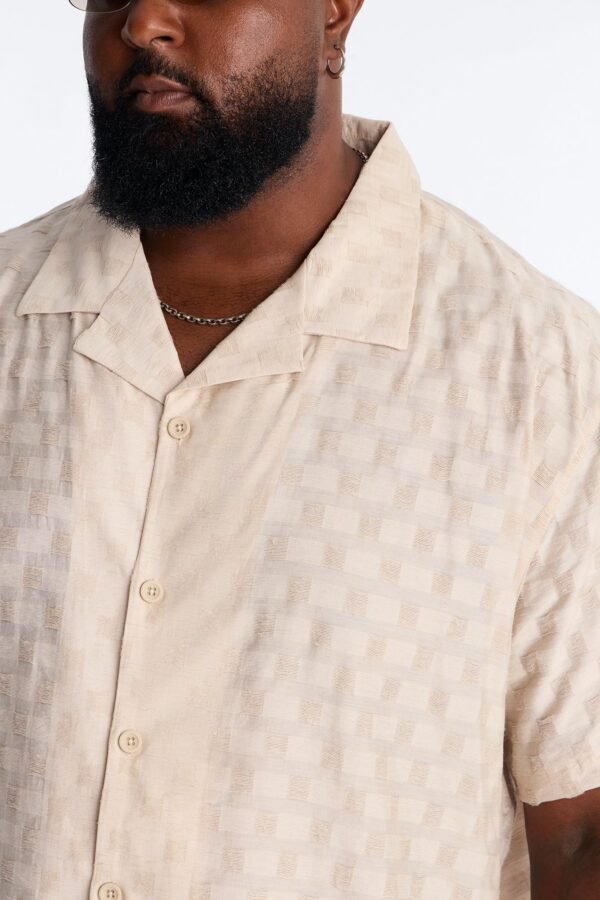 Textured Checkered Cuban Collar Button Up Shirt
