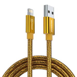 Powertek-USB-A-to-Lightning-Luxe-Cable-Gold_c6cd1fe4-b702-4b34-83bb-8601610d01dc.cc556aa012a786a8ba00662b31afda77.jpeg Powertek Luxe 6ft USB-A to Lightning Cable, Gold, Fast Charge & Sync, Metallic Mesh PVC Jacket, Durable Tangle-Free Design