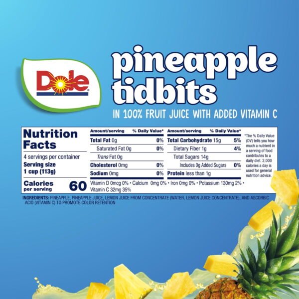c26d769d-4f23-4efc-a65d-631a190cf3d6.776b14b674b608cc4d845546caf0b590.jpeg Dole Fruit Bowls Pineapple Tidbits in 100% Fruit Juice, 4 oz Cups (4 Pack)