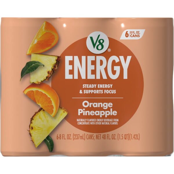 c3c2ccaa-ae6e-4a57-a0fb-119a97205f74.c4b682cde1716f689b7b223a1d5cb217.jpeg V8 Energy Orange Pineapple Energy Drink, 8 fl oz Can, 6 Pack