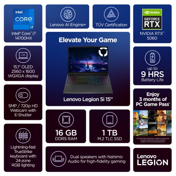 Lenovo Legion 5i 15.1" WQXGA 165Hz Gaming Laptop, Core i7-14700HX, Nvidia GeForce RTX 5060, 16GB RAM, 1TB SSD, 3 Month Microsoft 365
