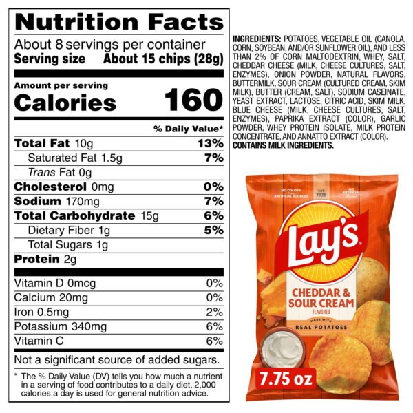 e0ea05a4-5128-497d-bbfe-693667c961f0.a0f810b8133449f494f21fa7666e89e0.jpeg Lay's Potato Chips, Cheddar & Sour Cream, 7.75 oz Bag