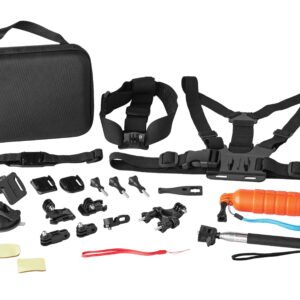 onn Action Camera Accessory Kit for Most GoPro Hero Cameras, 22 Pieces Including a Selfie Stick and Chest Mount